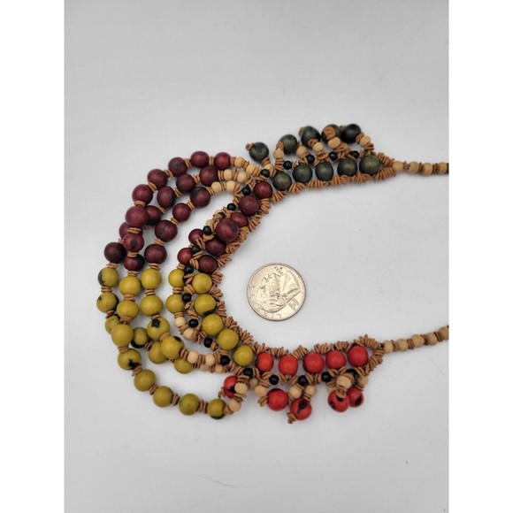 Vintage Bohemian Bib Necklace Nut Seed Beads Handmade Pink Yellow Green - Picture 4 of 5